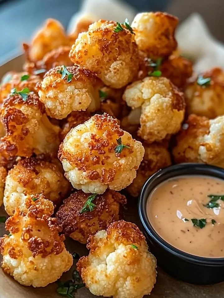 Crispy air-fried cauliflower topped with cheese and garlic served on a plate