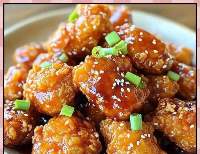 Plate of crispy honey chicken drizzled with sauce and garnished with green onions
