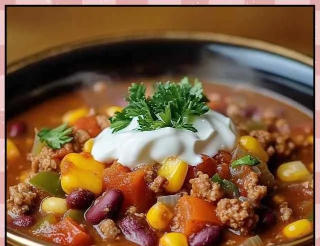 A hearty bowl of Crockpot Cowboy Soup filled with beans, corn, and spices.