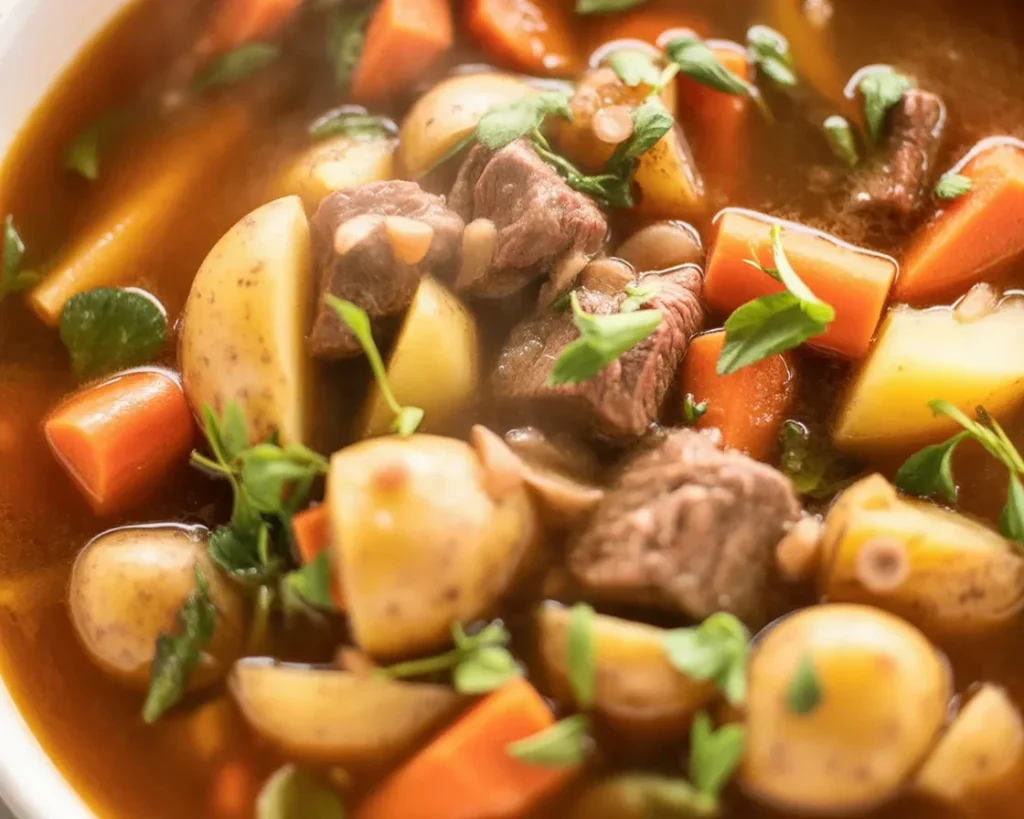 Delicious Instant Pot Beef Stew with tender beef and hearty vegetables in a rich broth.
