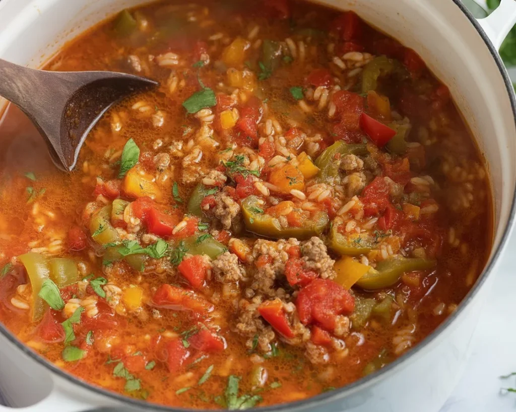 Hearty stuffed pepper soup with ground beef and bell peppers in a tomato broth.
