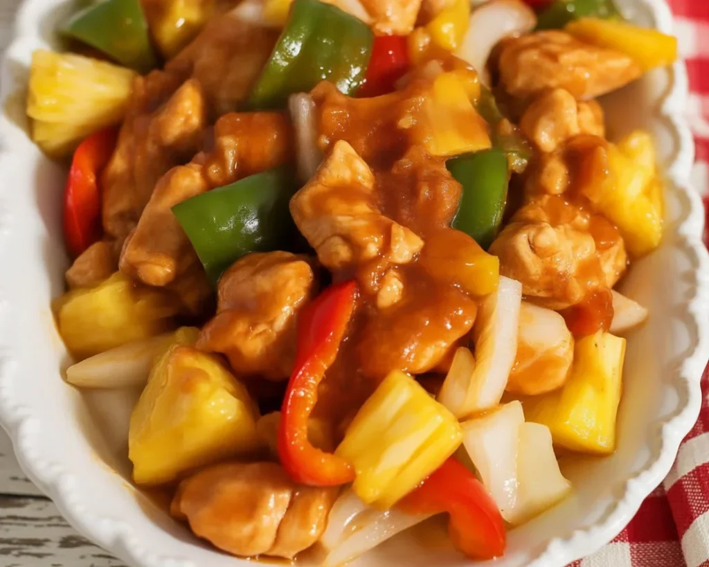 Delicious Sweet and Sour Chicken with pineapple and bell peppers in a tangy sauce