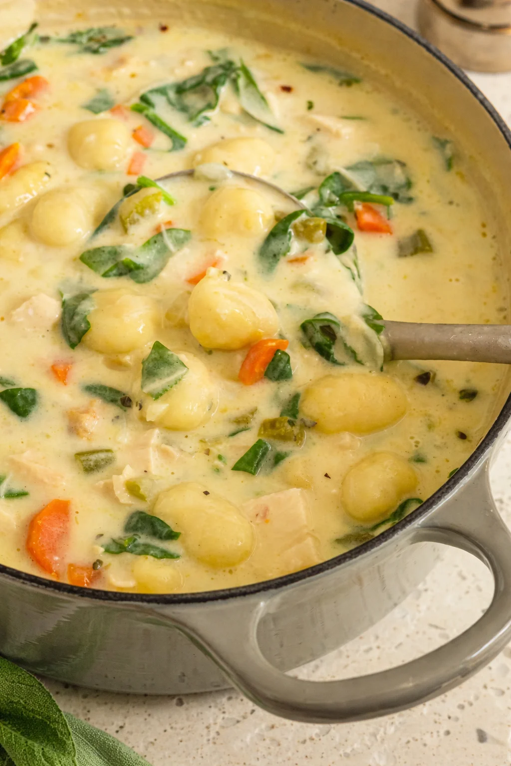 Bowl of easy chicken gnocchi soup with chicken, vegetables, and creamy broth.