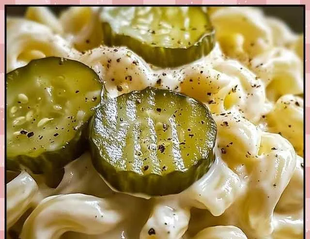 Bowl of easy classic dill pickle macaroni salad with fresh ingredients