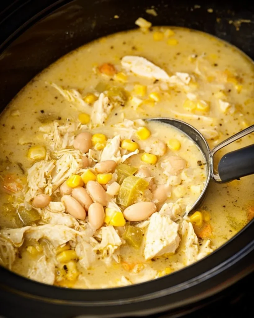 Bowl of easy crockpot white chicken chili with toppings