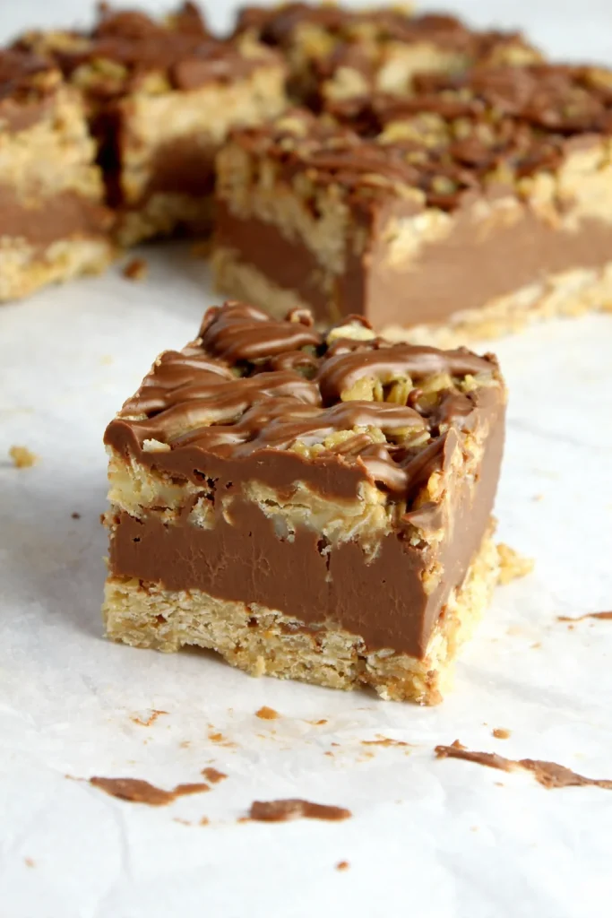 Delicious no-bake chocolate oatmeal bars on a wooden table