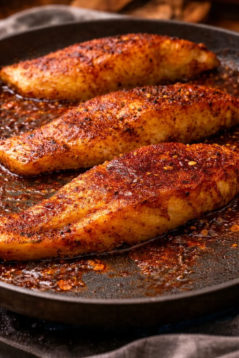 Fish fillets in spicy guajillo and chipotle sauce on a plate