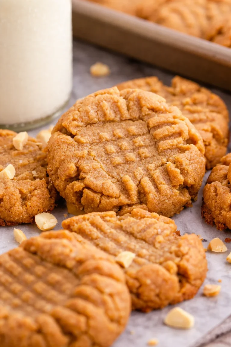 Four ingredient peanut butter cookies on a baking sheet, ready to eat.