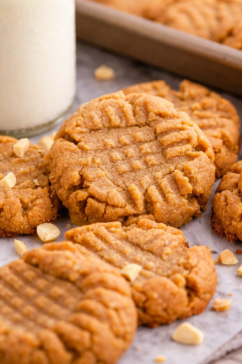 Four ingredient peanut butter cookies on a baking sheet, ready to eat.