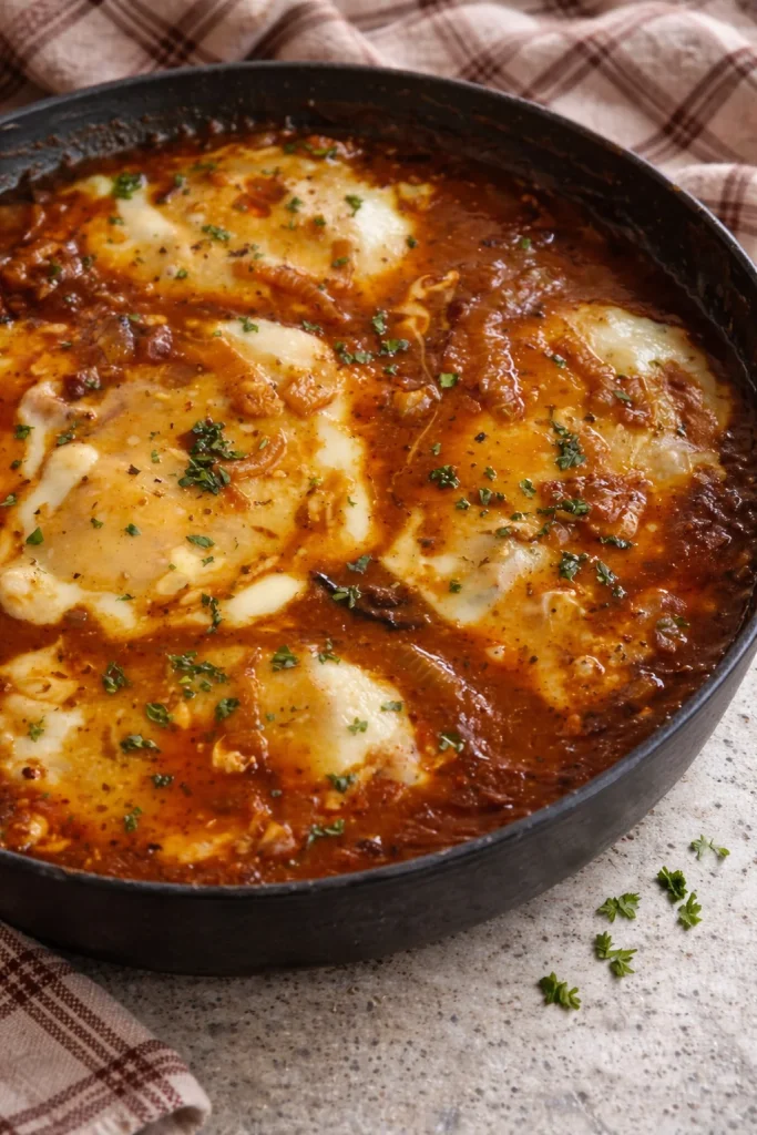 Delicious French Onion Chicken cutlets topped with Parmesan and Swiss cheese