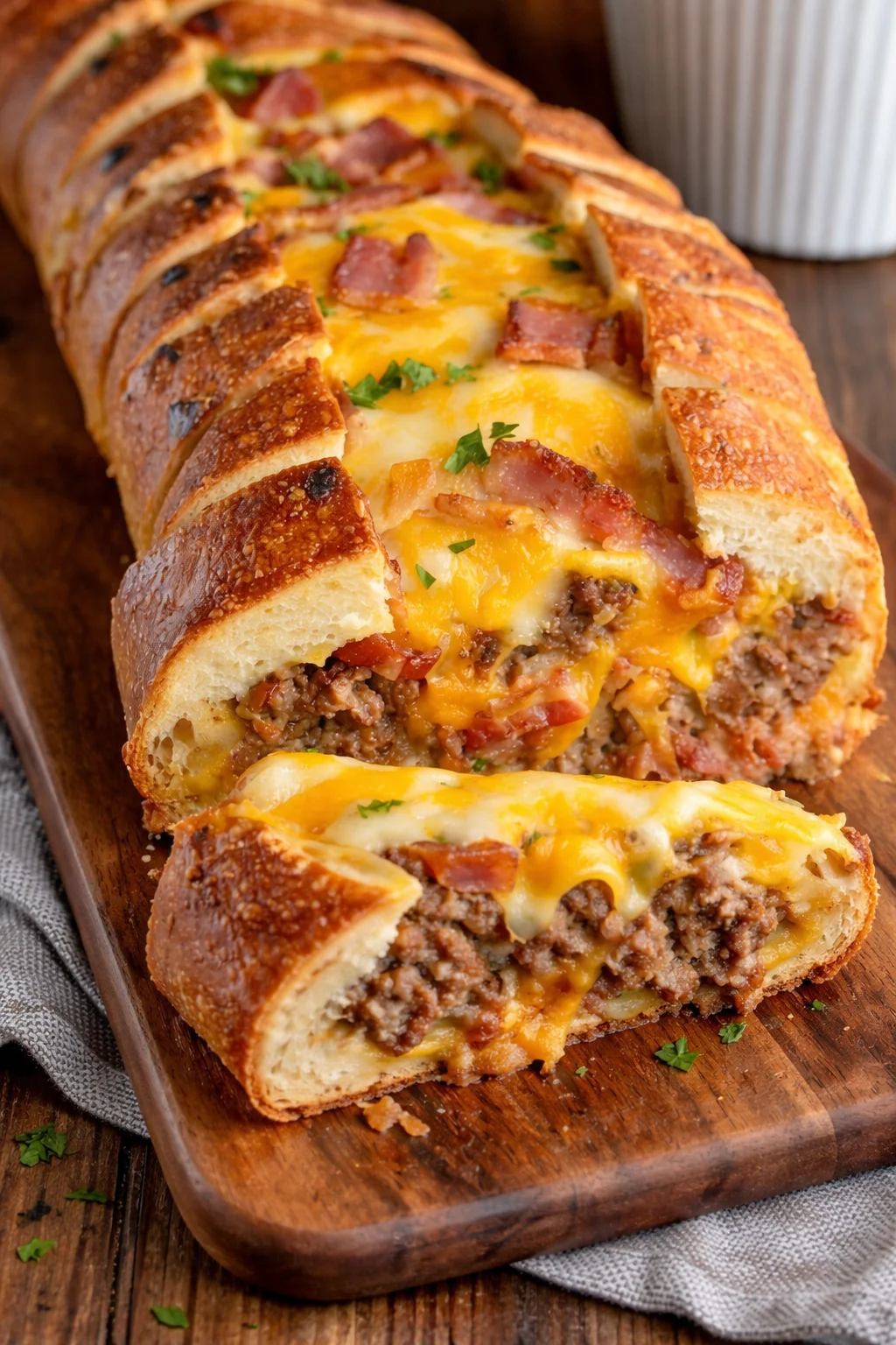 Freshly baked Garbage Bread filled with assorted ingredients and flavors.