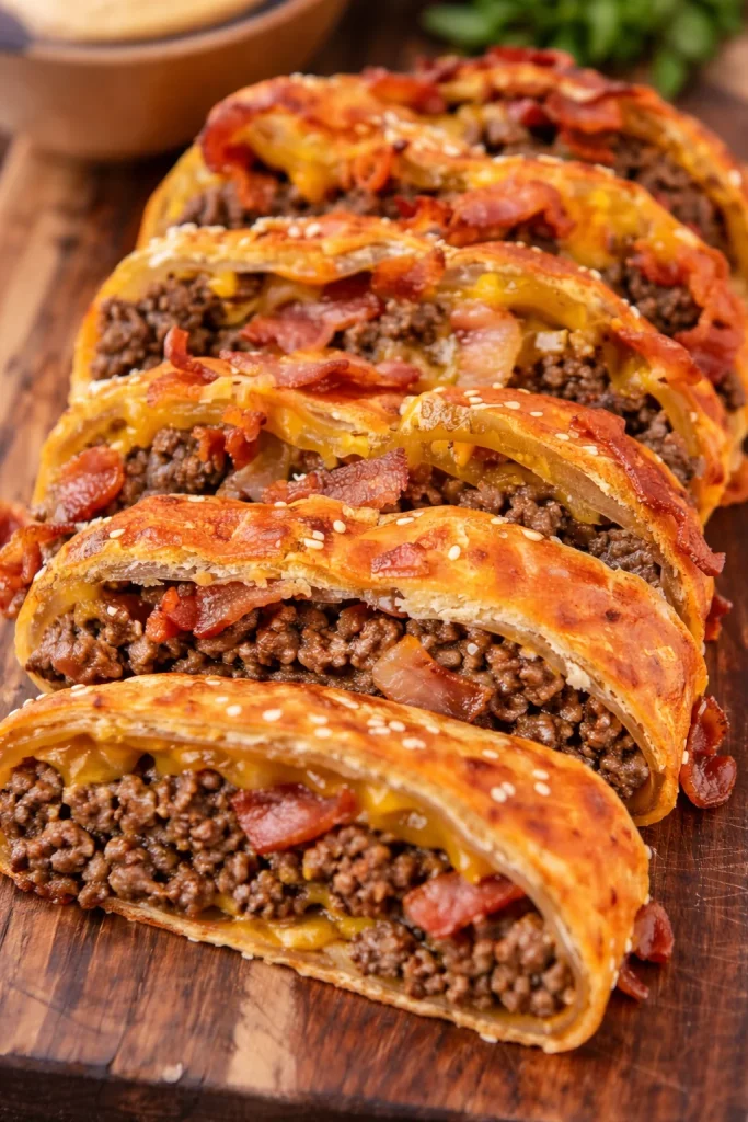 Slice of homemade Garbage Bread filled with assorted leftovers.