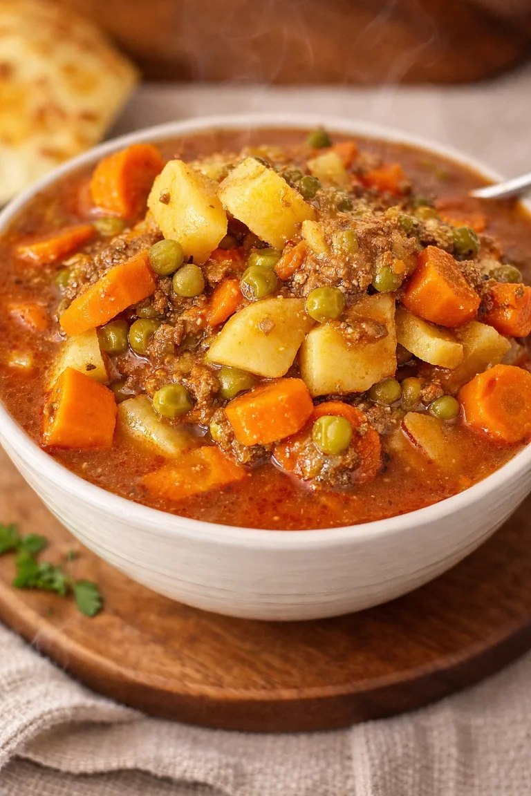 Bowl of hearty Hamburger Soup filled with ground beef and fresh vegetables