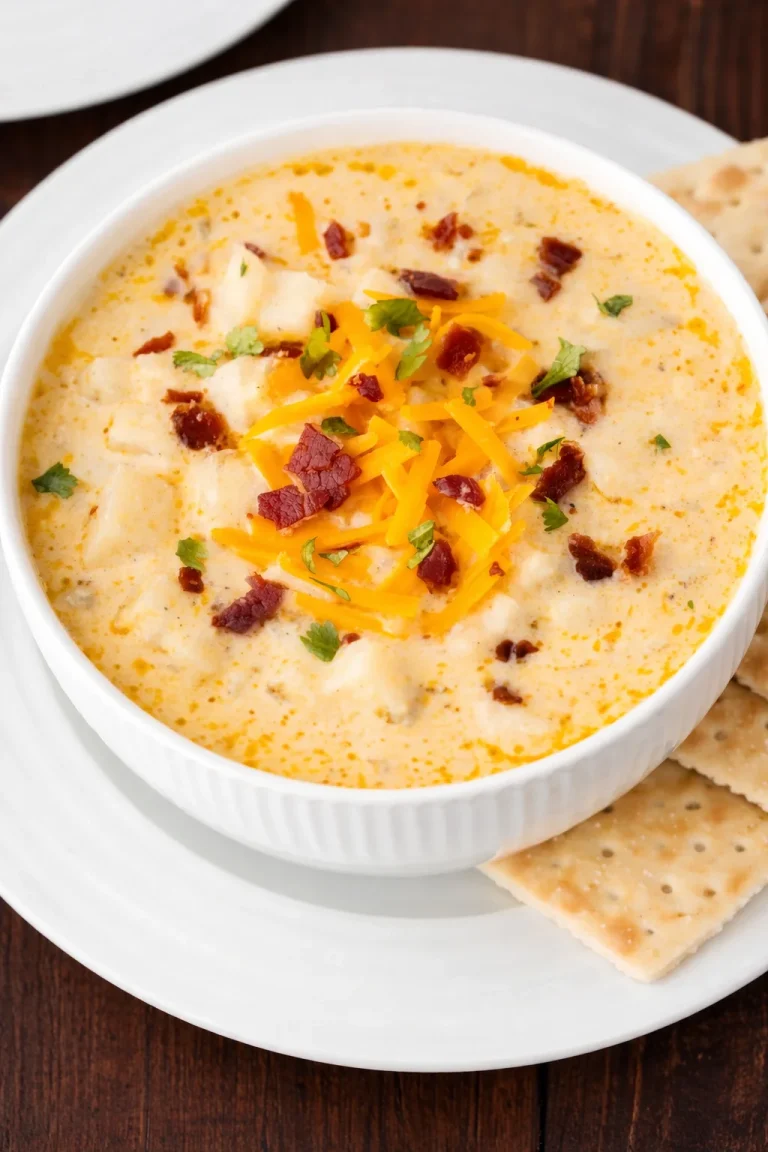 Creamy hash brown potato soup in a bowl garnished with fresh herbs