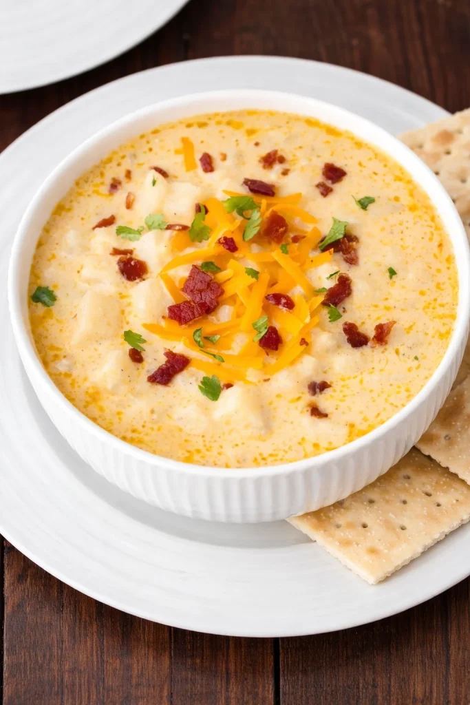 Delicious Hash Brown Potato Soup topped with herbs and crispy bacon.