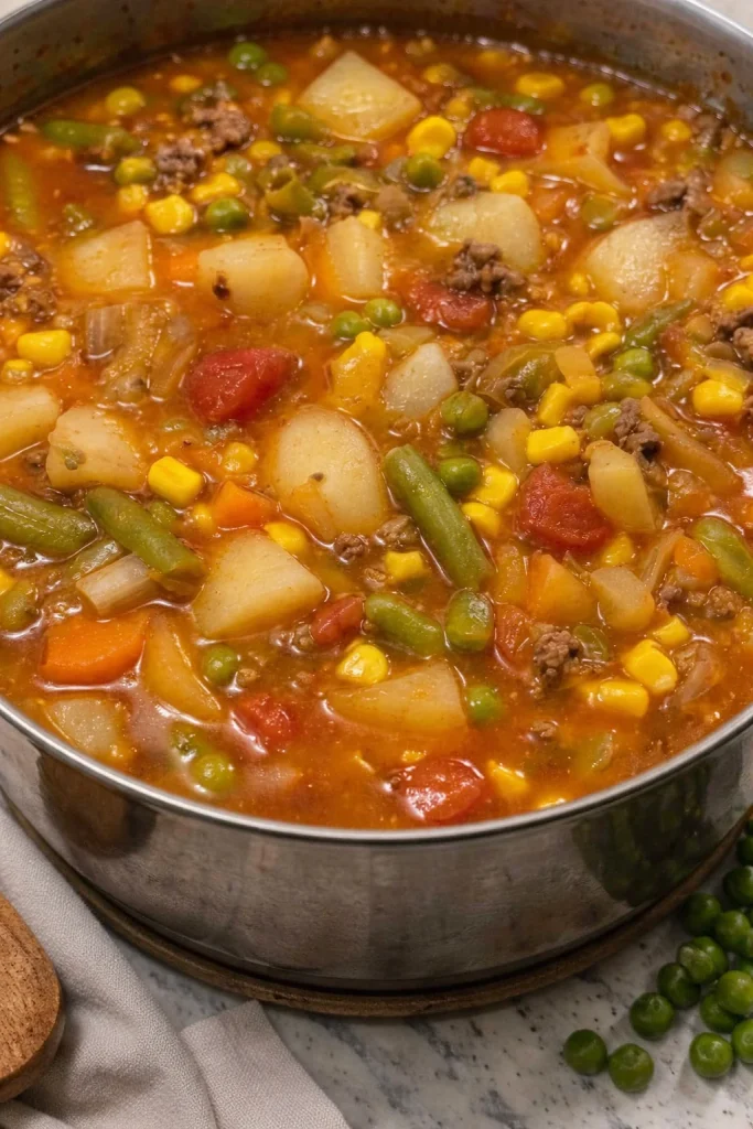 Bowl of hearty beef and vegetable soup with colorful vegetables