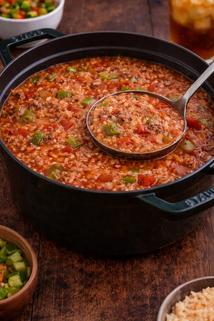 Delicious hearty stuffed pepper soup in a bowl with fresh ingredients