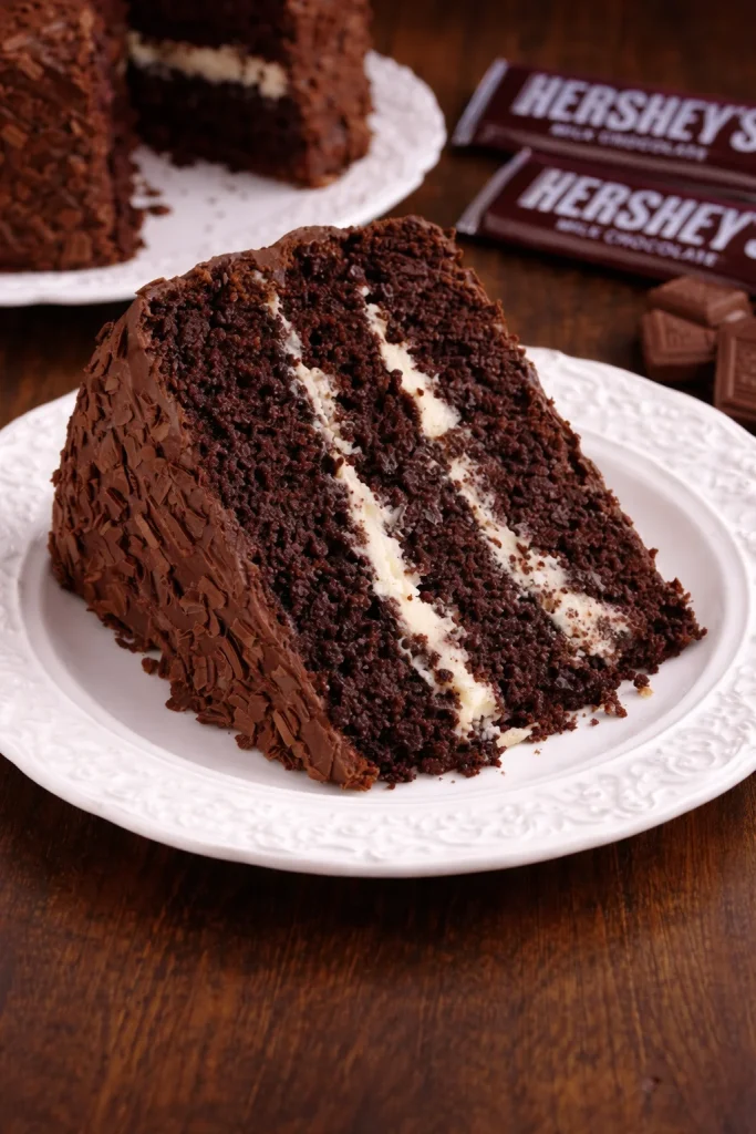 Hershey's chocolate cake with cream cheese filling and chocolate buttercream frosting