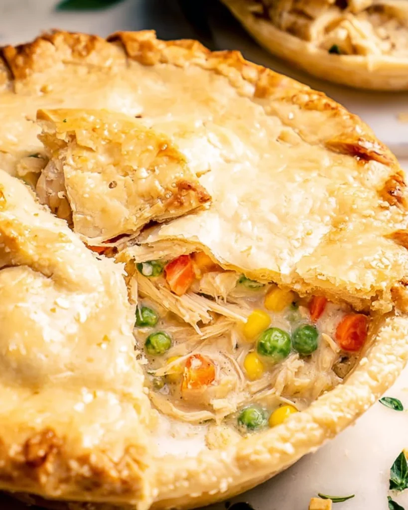 Homemade chicken pot pie with golden crust and savory filling