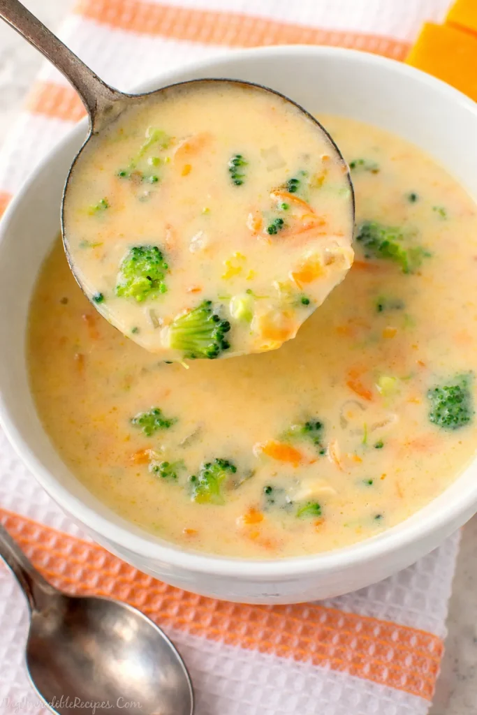 Creamy homemade broccoli cheese soup inspired by Panera Bread recipe.