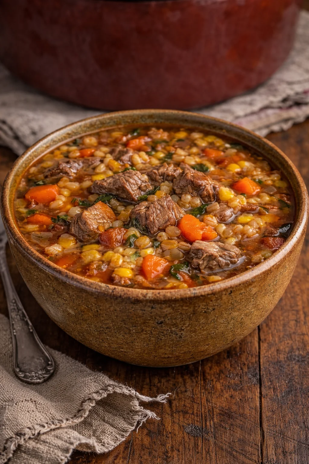 Homemade Slow Cooker Beef & Barley Soup Bowl of homemade slow cooker beef barley soup with vegetables and herbs