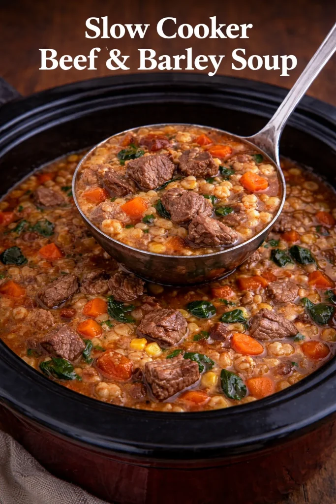 Bowl of homemade slow cooker beef barley soup with fresh herbs.