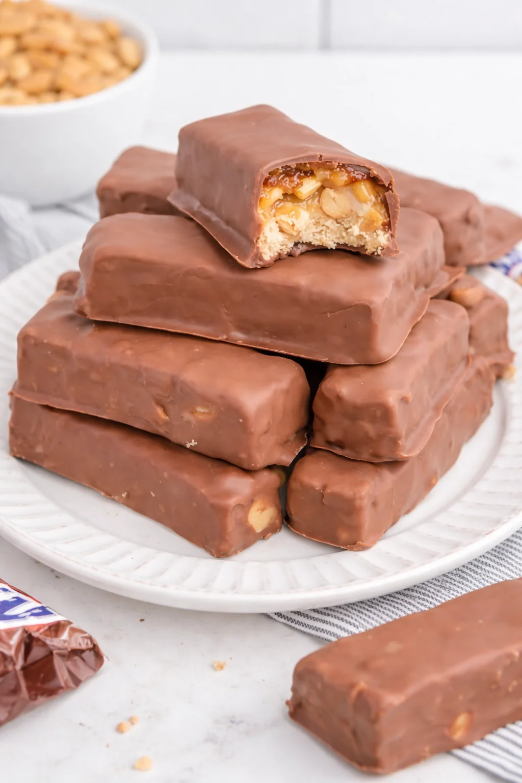 Homemade Snickers Bars with chocolate, caramel, and peanuts on a wooden table
