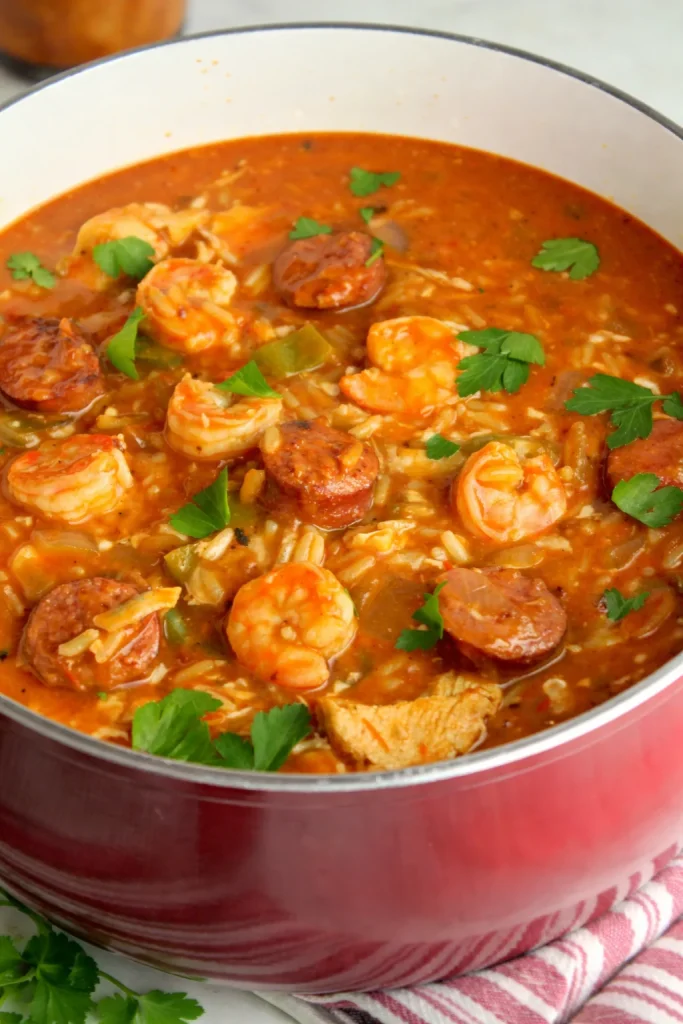 Hearty Jambalaya Soup with shrimp, sausage, and vegetables in a bowl.