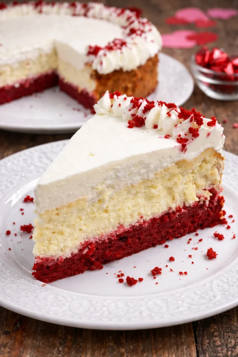 Slice of knock you naked red velvet cheesecake topped with cream cheese frosting