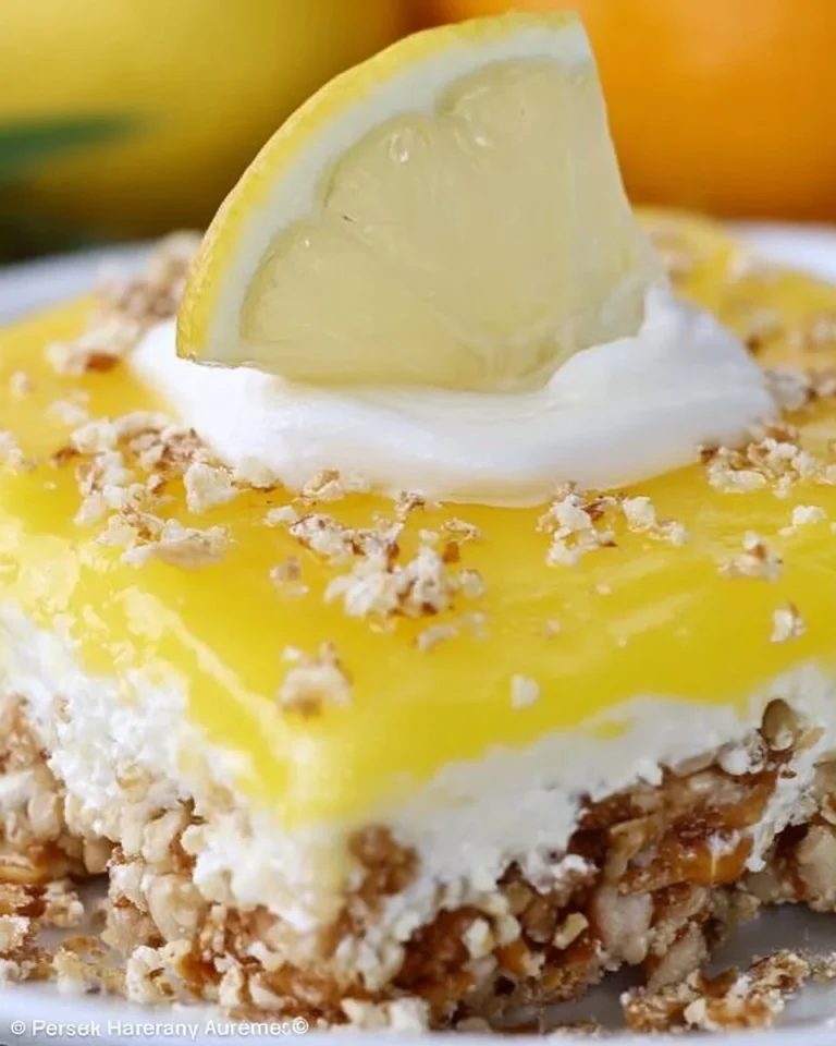 Lemon Pretzel dessert with a tangy lemon glaze and pretzel crust