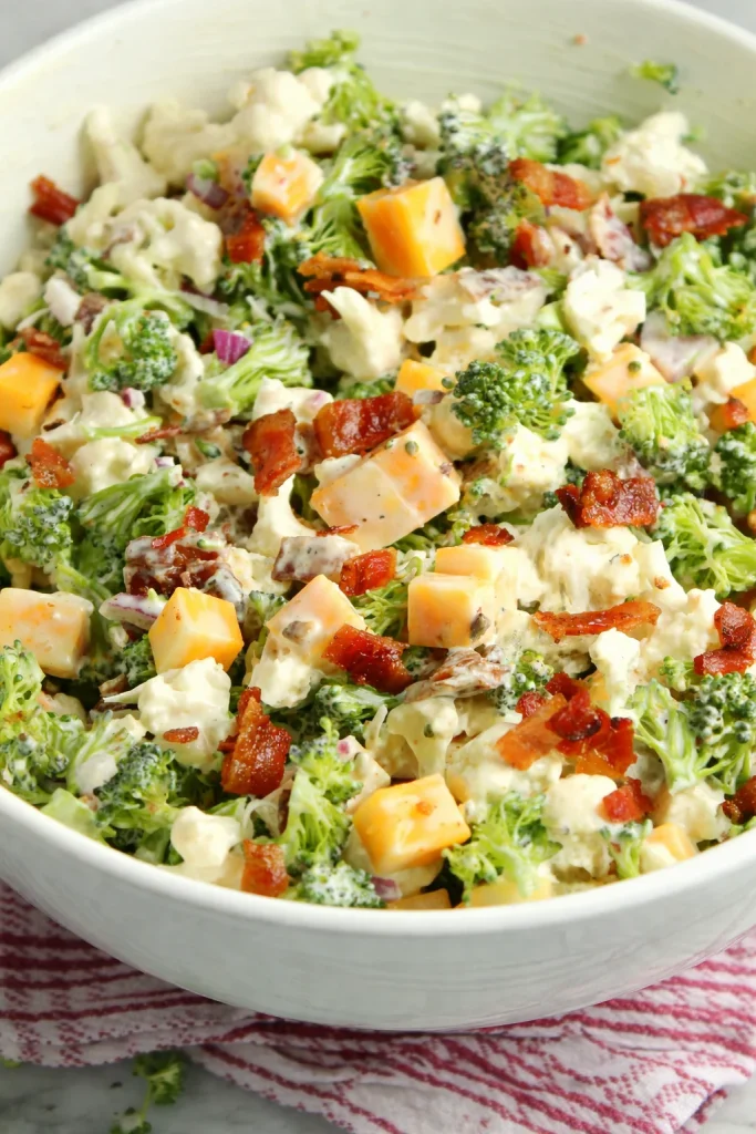 Loaded Broccoli Cauliflower Salad with fresh vegetables and creamy dressing
