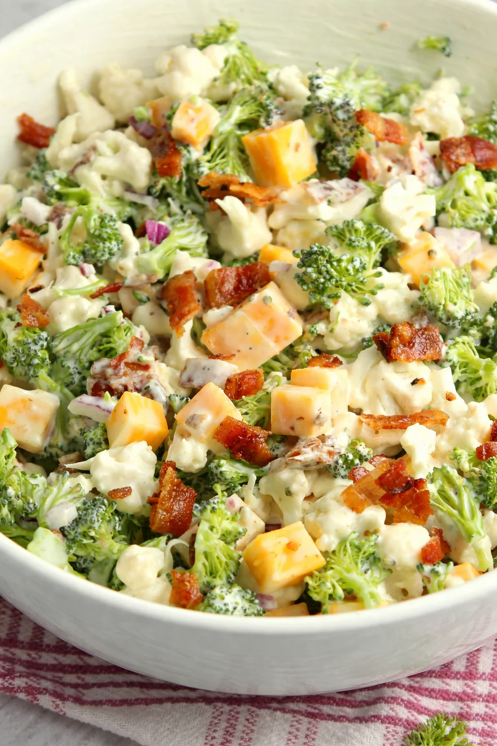 Loaded Broccoli Cauliflower Salad featuring fresh veggies and delicious toppings