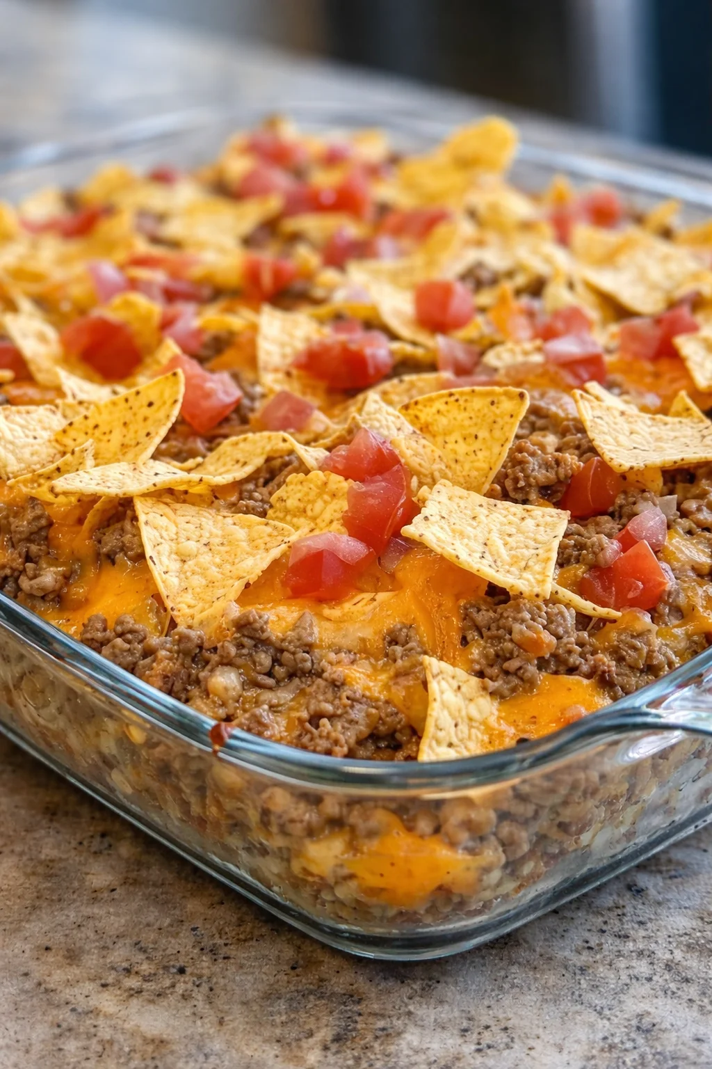 Loaded Taco Beef Casserole Loaded Taco Beef Casserole with cheese, beef, and colorful toppings