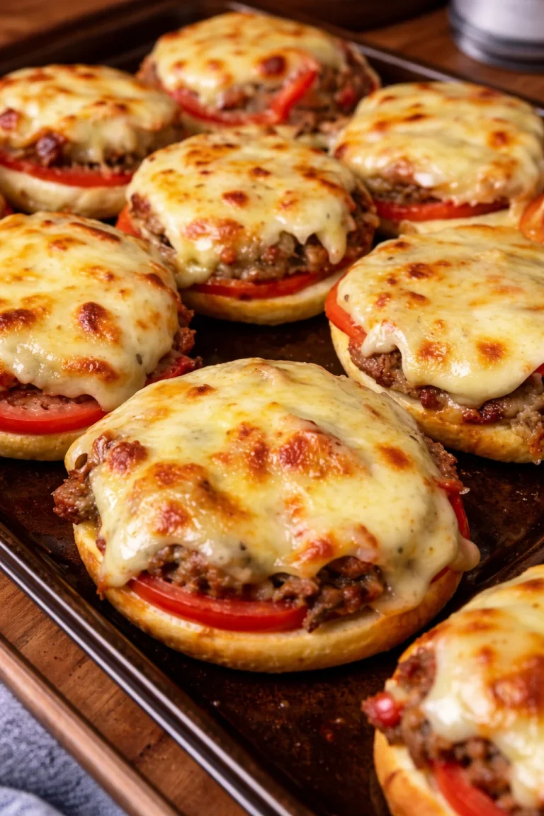 Mini Pizza Burgers Mini pizza burgers served on a platter, topped with cheese and pepperoni.