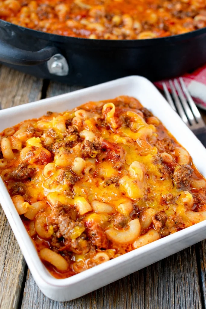 Delicious bowl of old fashioned goulash with pasta, meat, and vegetables
