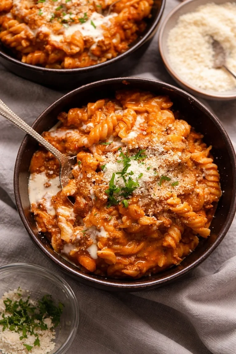 Delicious one pot creamy tomato beef pasta served in a bowl