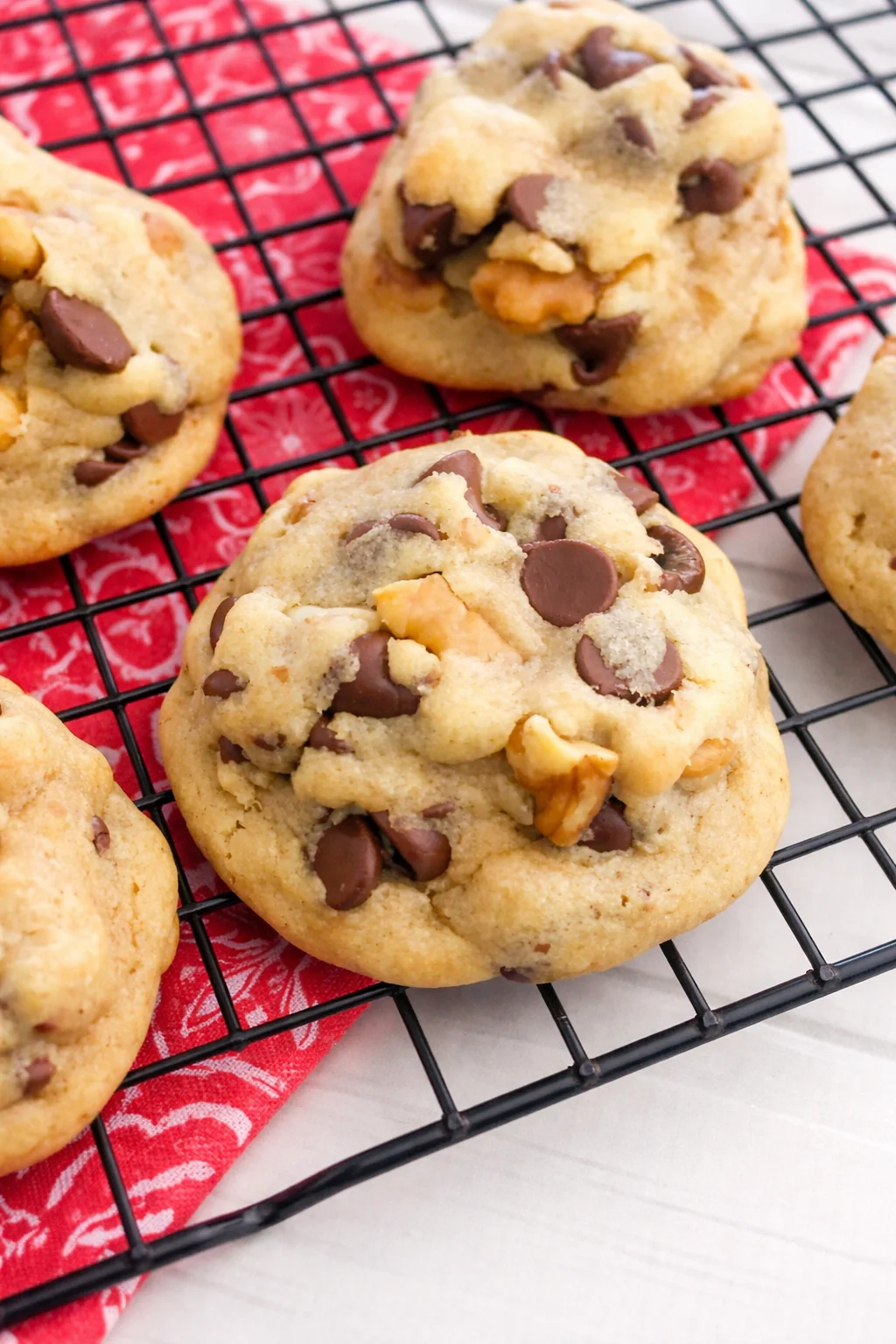 Perfectly Soft Toll House Cookies Freshly baked perfectly soft Toll House Cookies on a cooling rack