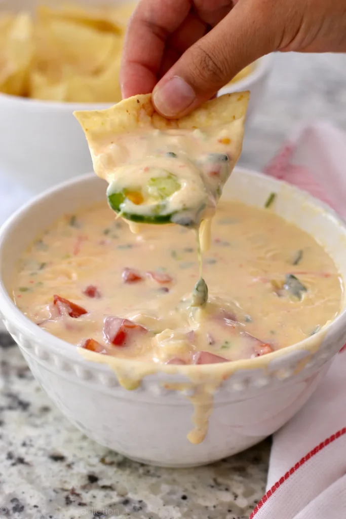 Queso Dip, also known as Queso Blanco Dip, is a Mexican restaurant-quality, smooth, and creamy dipping cheese.