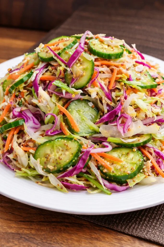 A bowl of refreshing cabbage and cucumber salad garnished with herbs