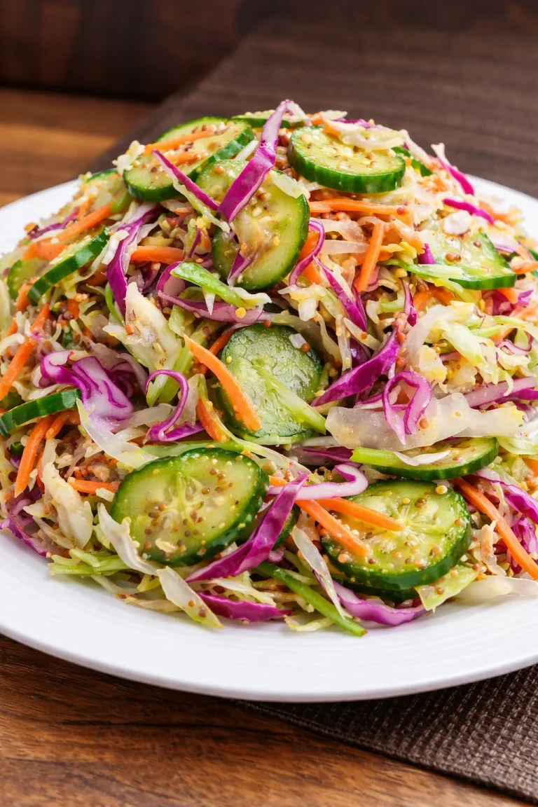 A bowl of refreshing cabbage and cucumber salad garnished with herbs