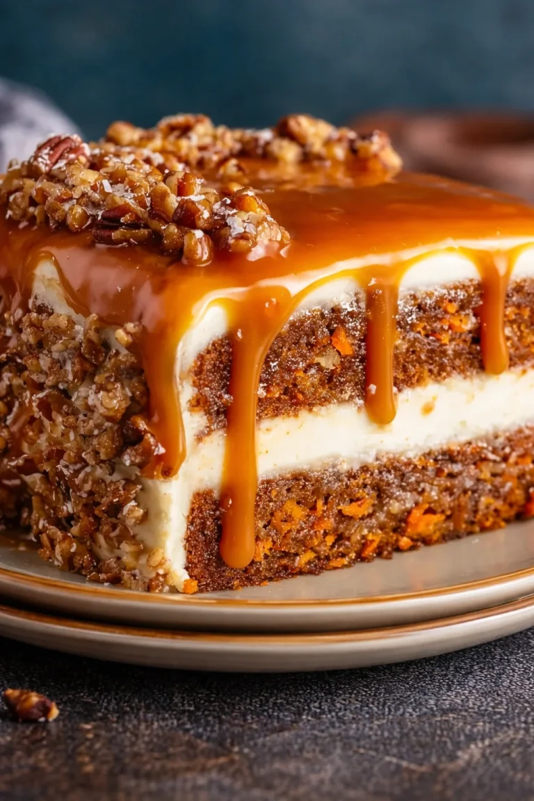 Delicious salted caramel carrot dream cake with rich frosting.