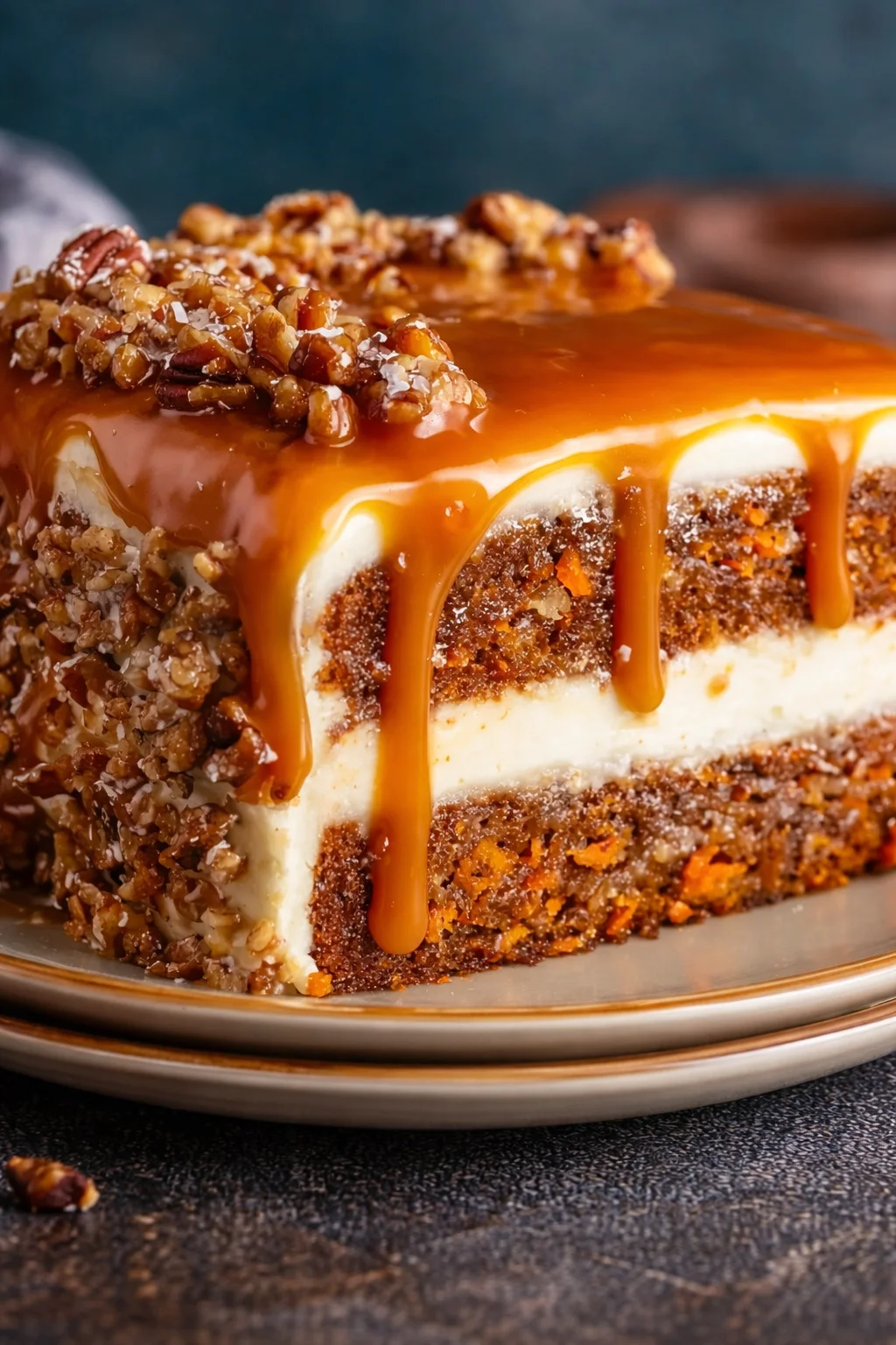 Delicious salted caramel carrot dream cake with rich frosting.