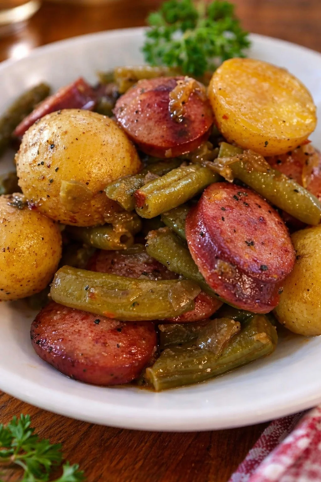 Sausage Green Bean Potato Casserole in a baking dish