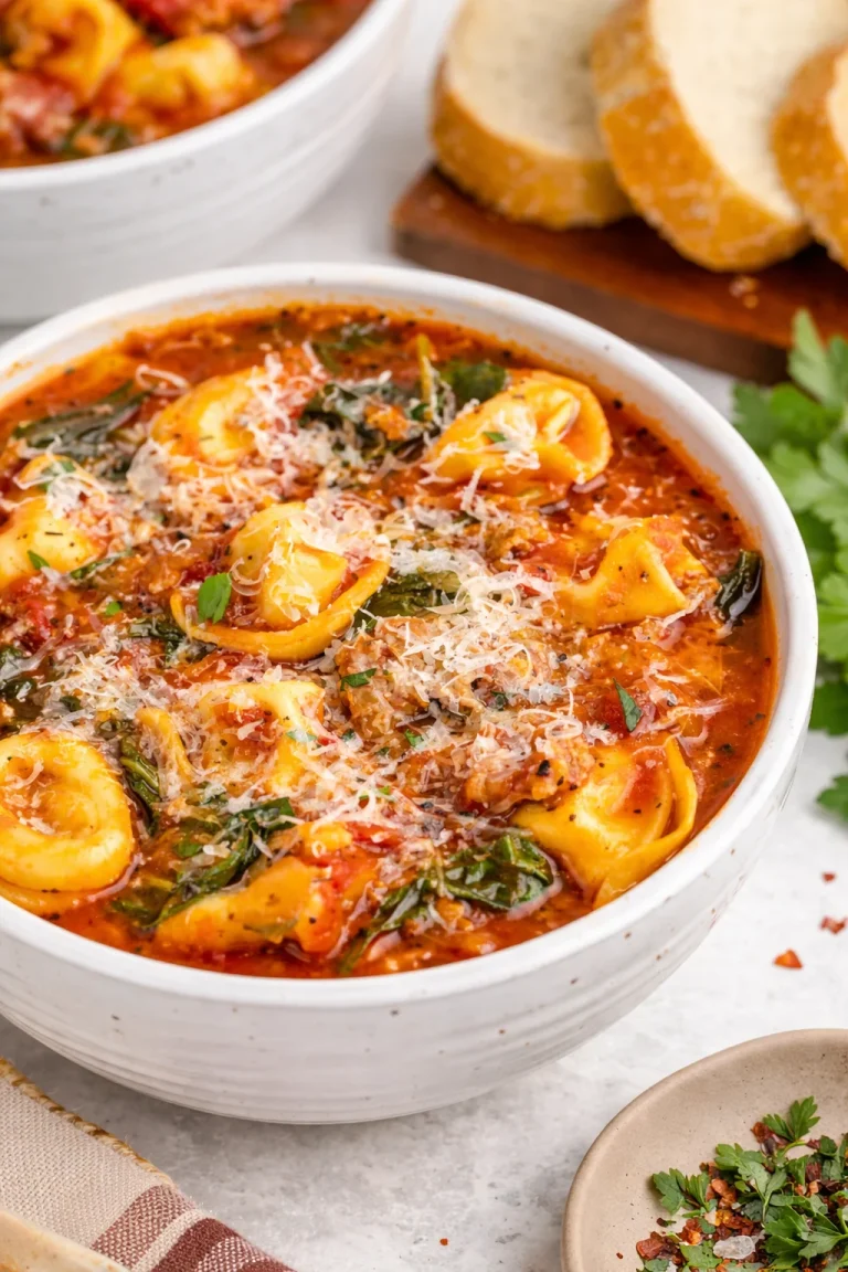 Bowl of Sausage Tortellini Soup with fresh herbs and vegetables