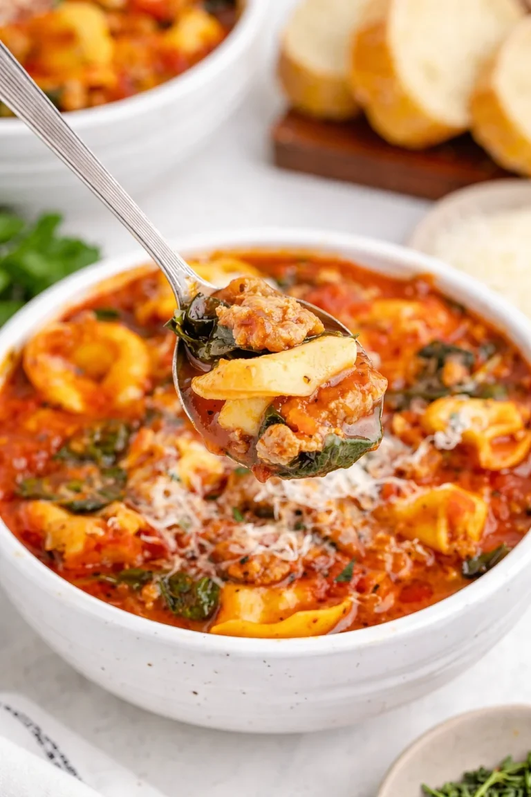 Bowl of Sausage Tortellini Soup garnished with herbs