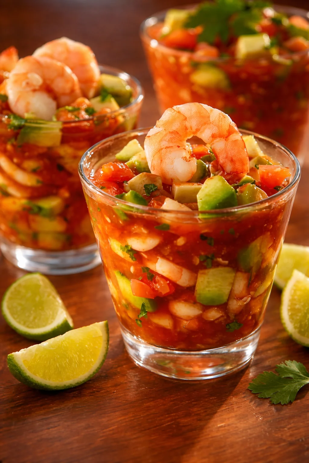 A vibrant platter of shrimp cocktail garnished with lemon and cocktail sauce.