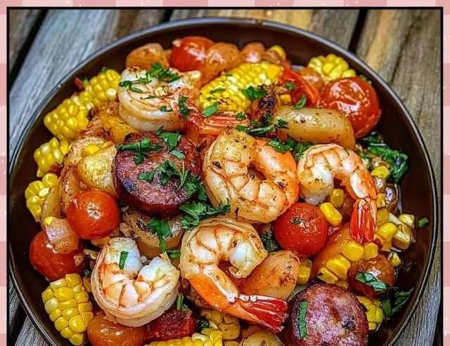 Shrimp, corn, potatoes, and smoked sausage foil pack meal ready to cook