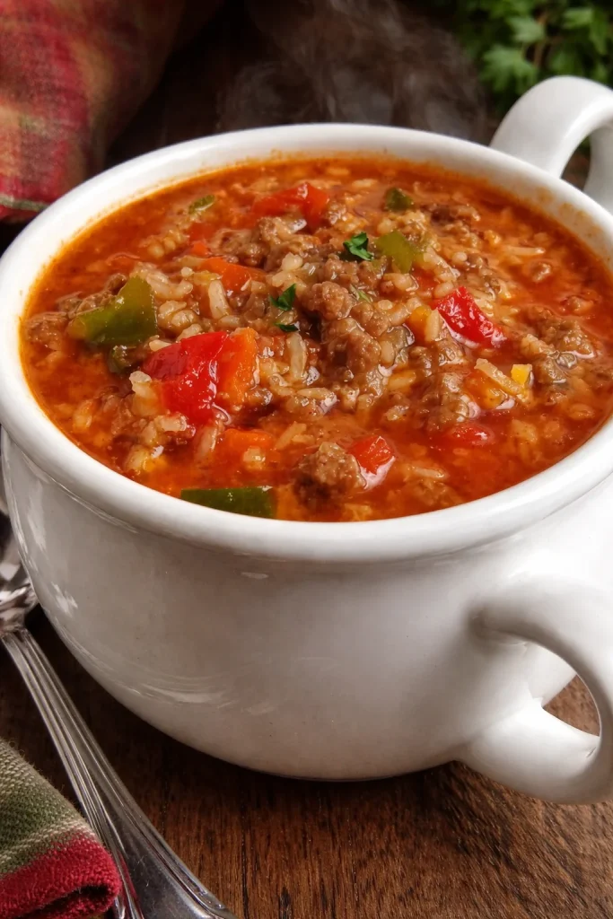 Delicious simple stuffed pepper soup in a bowl garnished with herbs