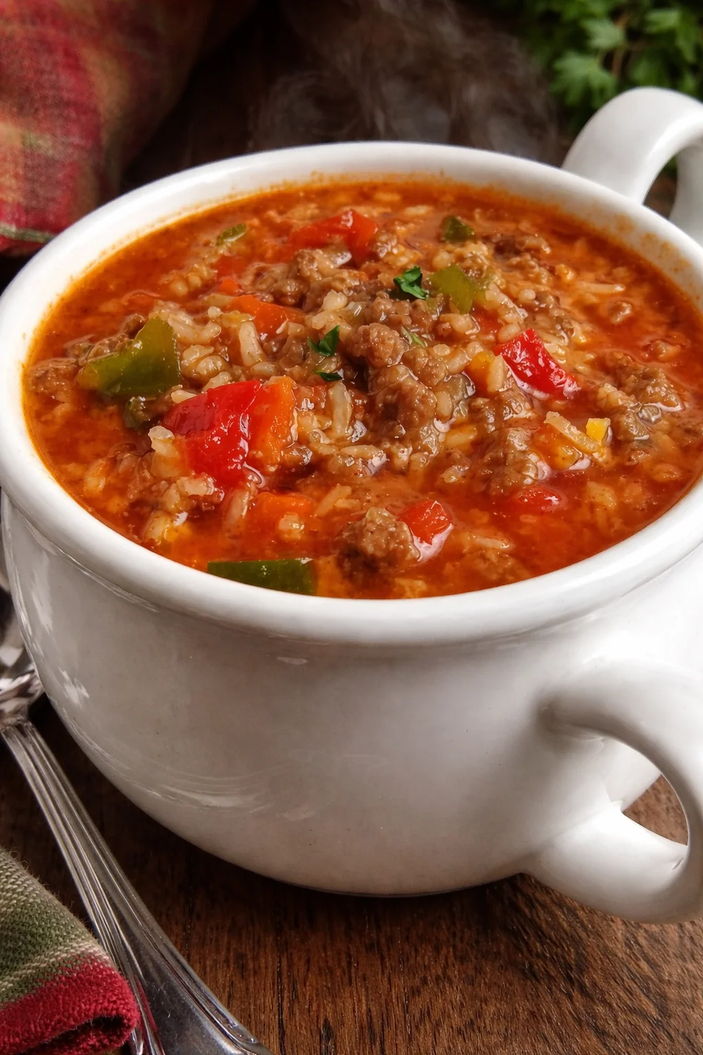 Simple Stuffed Pepper Soup Delicious simple stuffed pepper soup in a bowl garnished with herbs