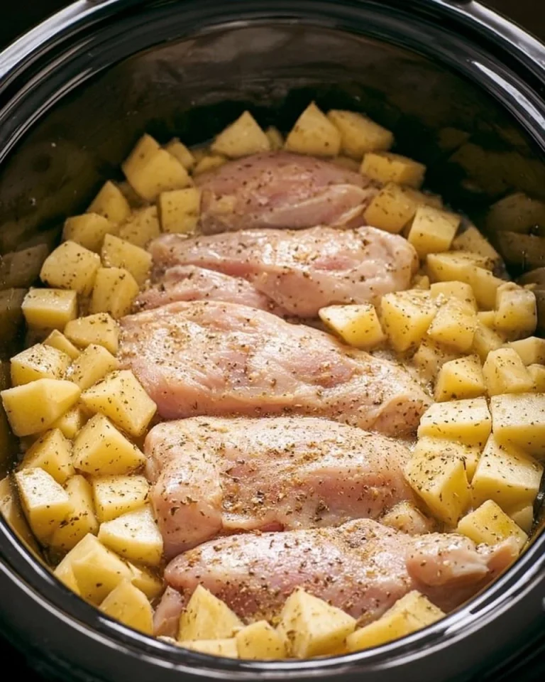 Slow cooker chicken and potatoes dish with five ingredients in a bowl